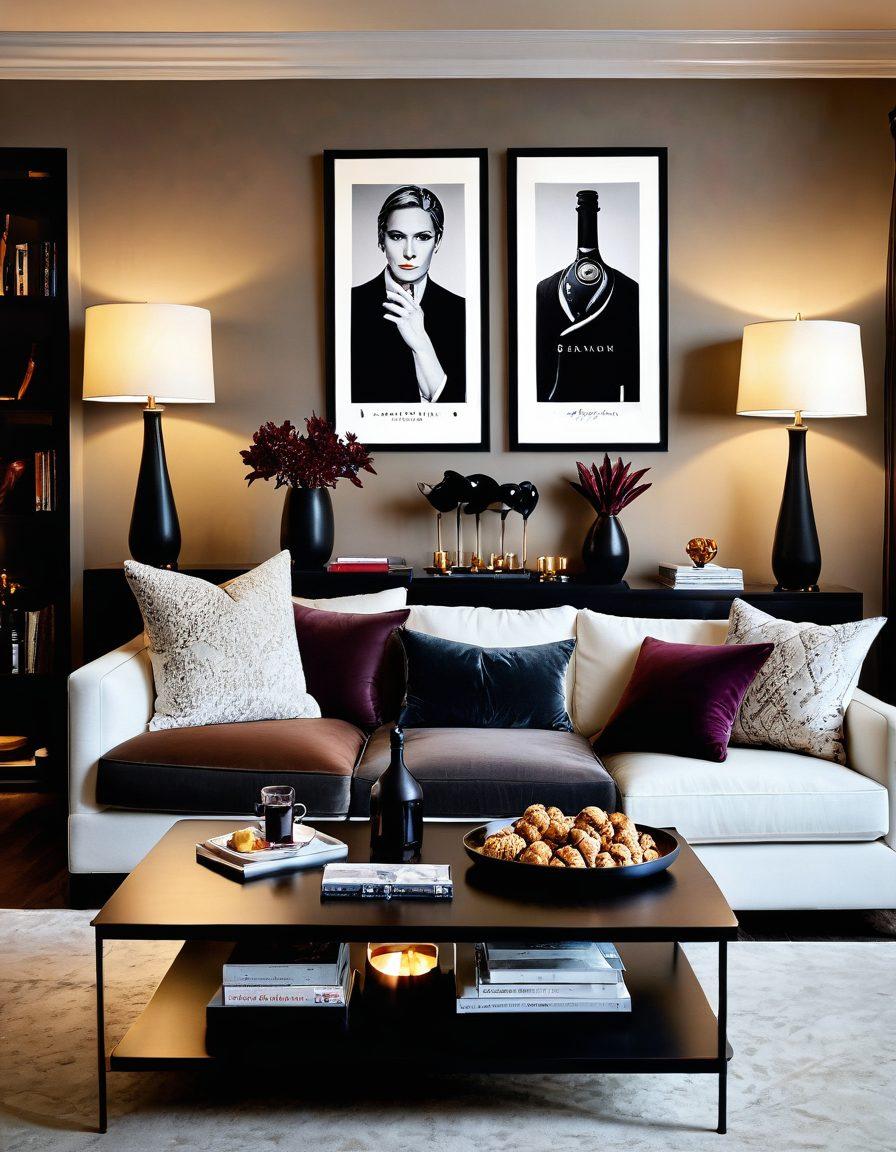 A cozy, elegantly decorated living room featuring a plush sofa and soft lighting, with tasteful art on the walls and a subtle hint of mature themes in the decor. Include a stylish coffee table with a stack of sophisticated adult film covers artfully arranged alongside gourmet snacks and a glass of fine wine. The atmosphere should evoke warmth, relaxation, and sophistication. soft ambiance lighting. elegant design. super-realistic.