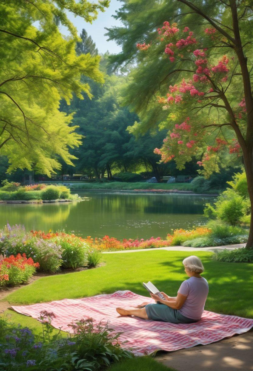 A serene park scene featuring mature individuals engaging in various leisure activities such as book reading, picnic sharing, and laughter. The setting has lush greenery, colorful flowers, and a tranquil pond in the background. Warm sunlight bathes the scene, creating a joyful and inviting atmosphere. Soft pastel colors enhance the mood of relaxation and contentment. painting. vibrant colors.