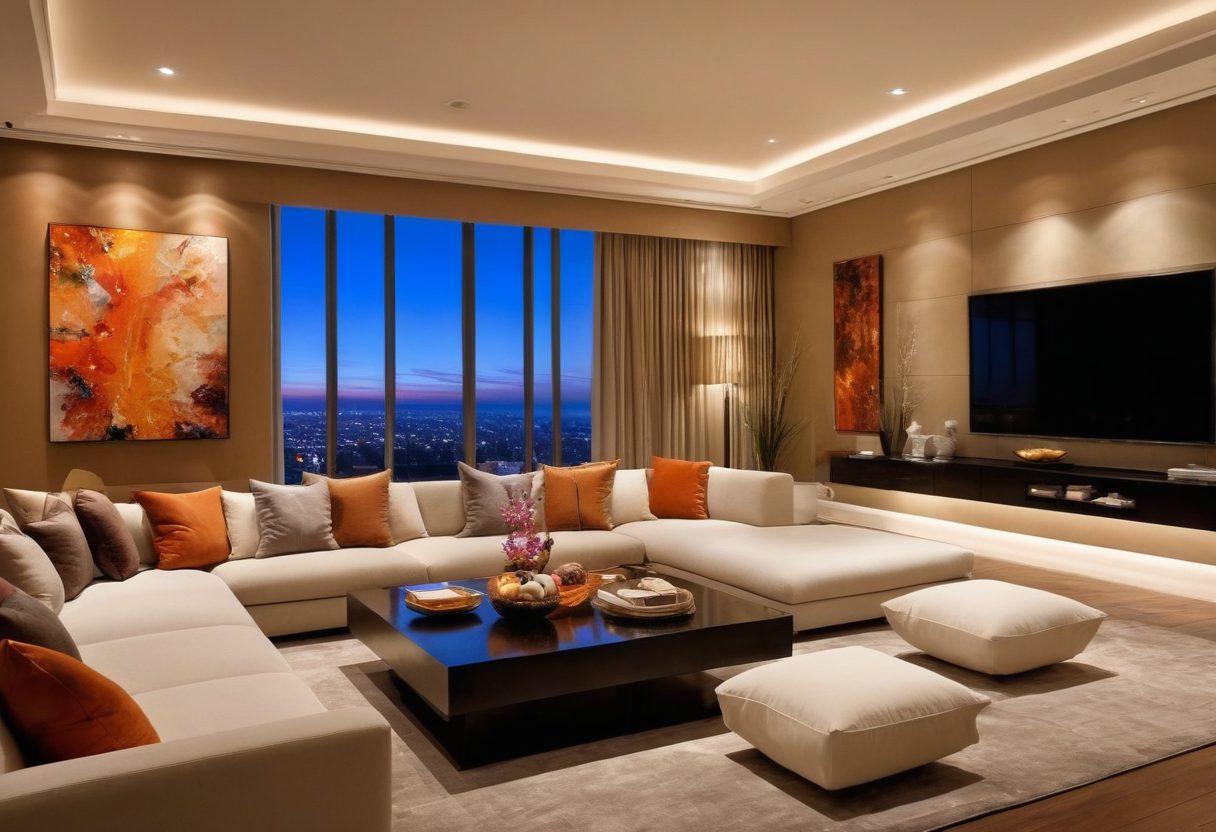 A sleek, modern living room with a large screen displaying vibrant animated content. Include plush seating, dim lighting, and a stylish coffee table scattered with gourmet snacks. Add artistic decor that reflects sophistication, such as abstract art and elegant lighting. Blend elements of adult film allure with animated pop culture. super-realistic. vibrant colors. cozy ambiance.